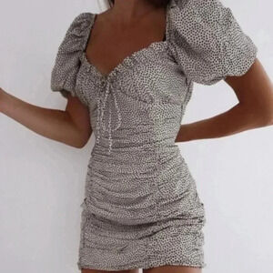 NWT! Zara Draped Cream & Black Polka Dot Puff Sleeve Mini Dress Women's M